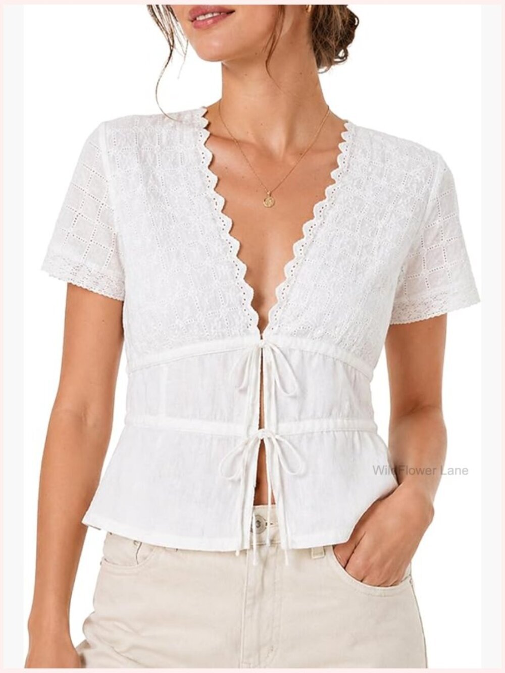 Short Sleeve Tie Front Eyelet Lace Blouse Going Out Flowy